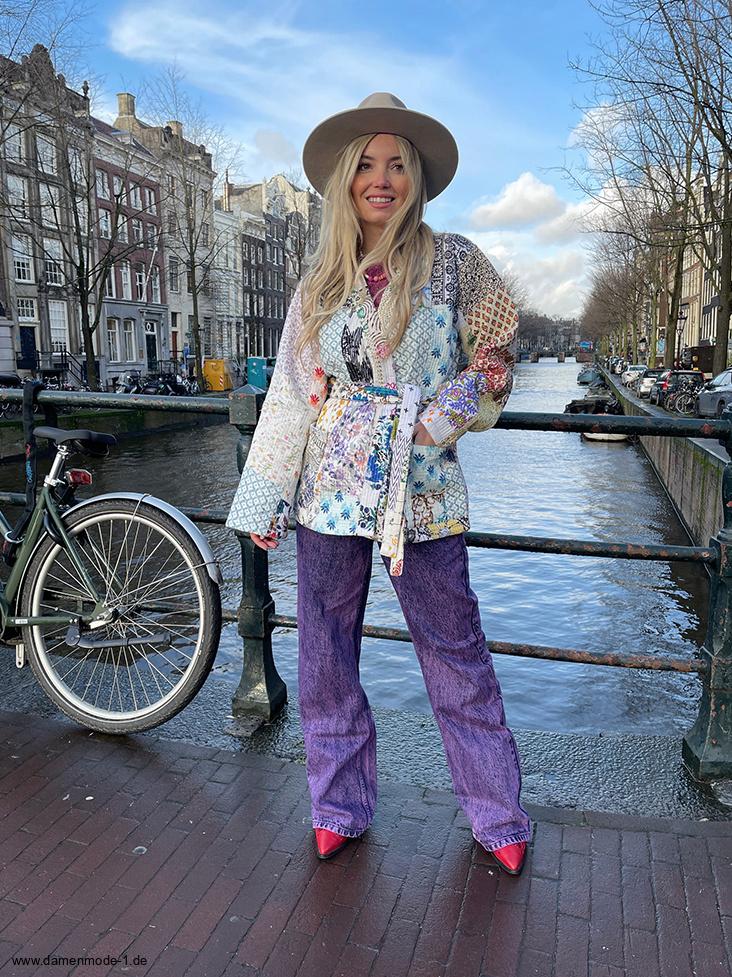 Patchwork Übergangsjacke für Damen in Weiß zum&nbsp;Binden