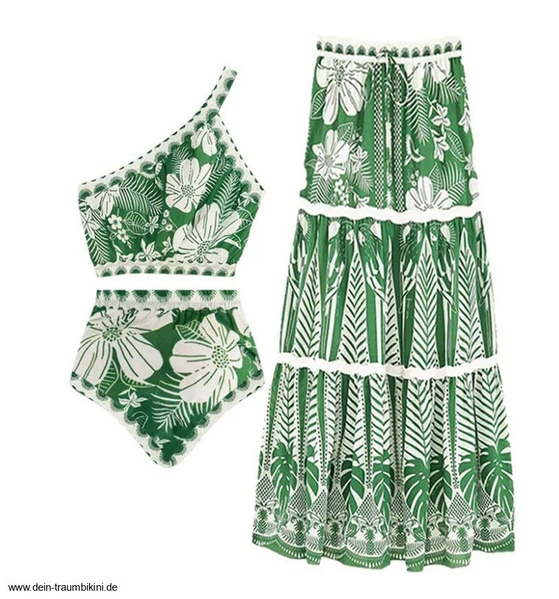 One Shoulder High-Waist Blumenmuster Bikini mit Rock in&nbsp;Grün