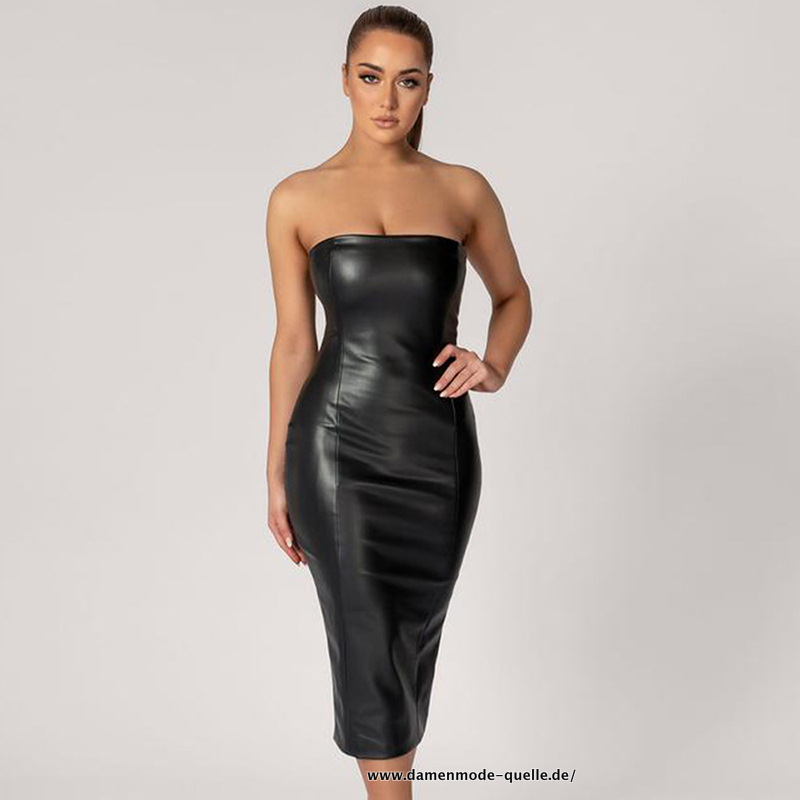 PU Leder Kleid Damen Clubwear Elegant Sexy Midi Kleid&nbsp;Schwarz