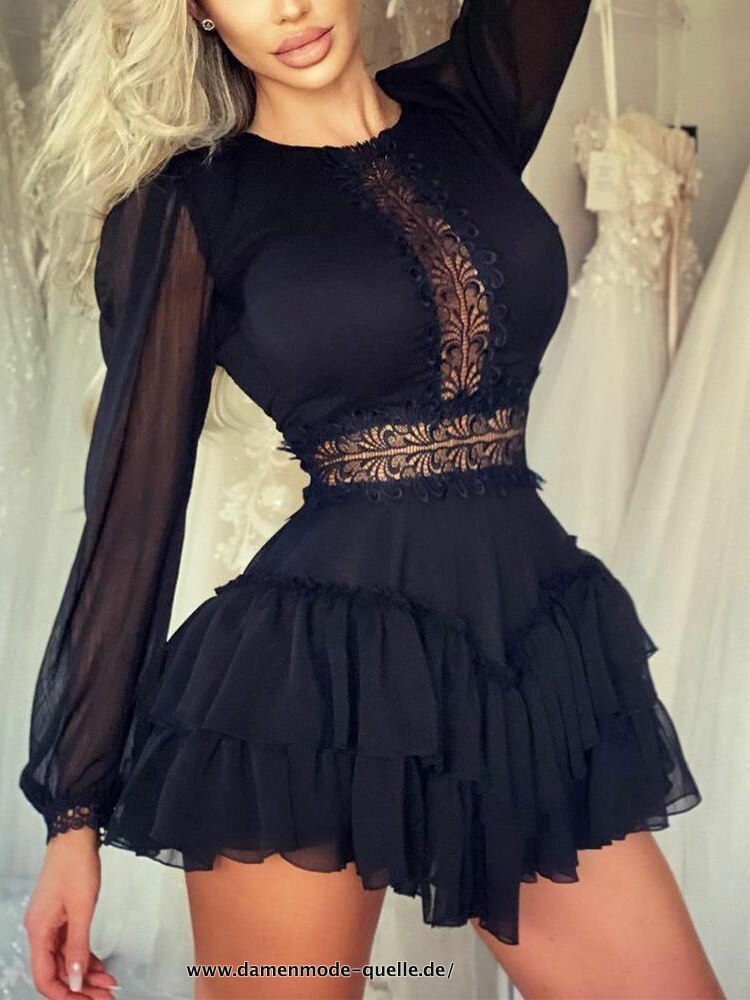 Vintage Damen Langarm Spitze und Rüschen&nbsp;Minikleid