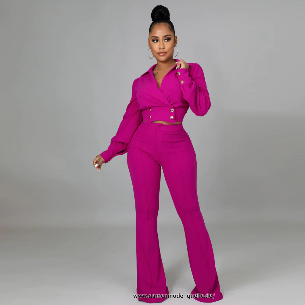 Damen Set Zweireiher Blazer und Flare Hosen Anzug set in&nbsp;Pink