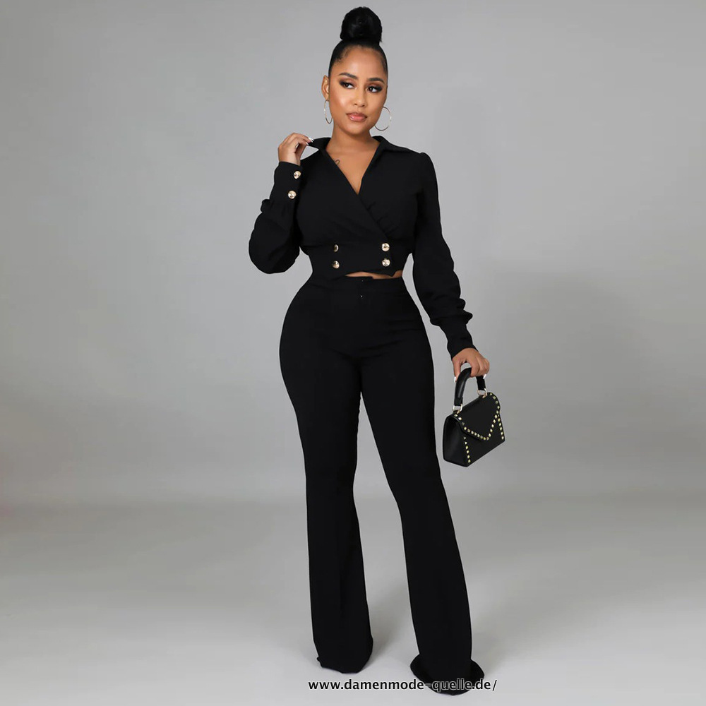 Damen Set Zweireiher Blazer und Flare Hosen Anzug set in&nbsp;Schwarz