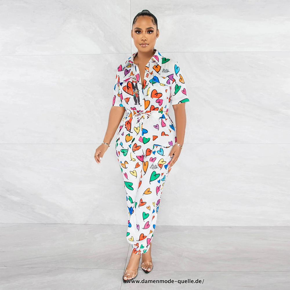 Damen Vintage Herz Kurzarm Jumpsuit Super&nbsp;Süß