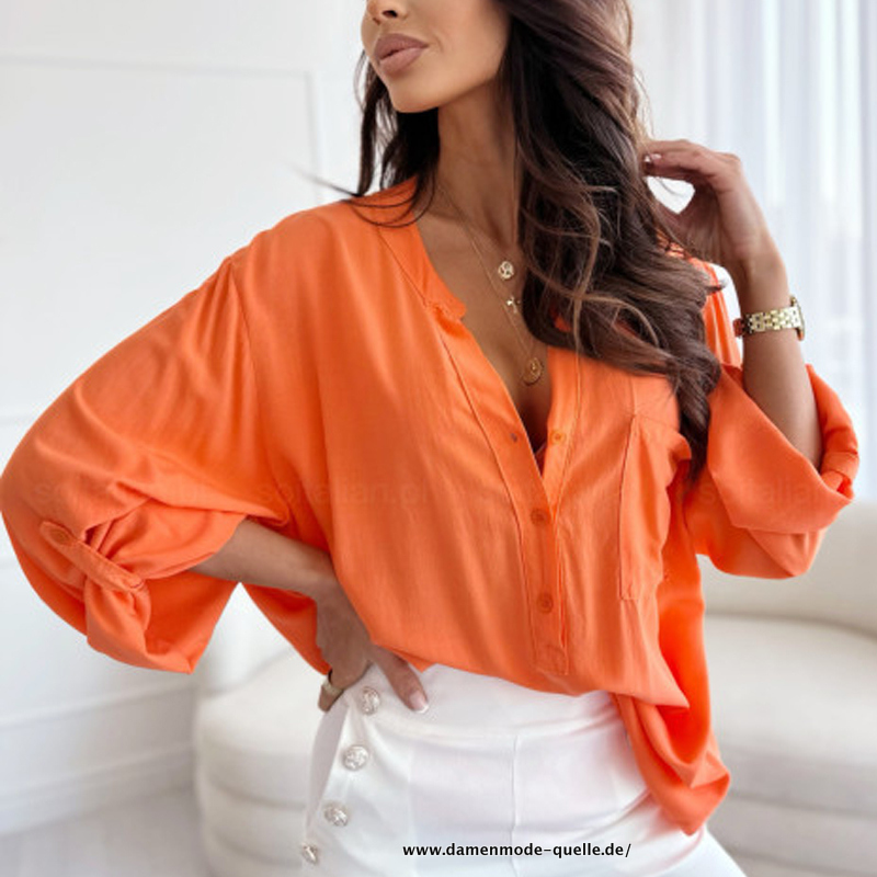 Damen Langarm Stehkragen Frühling Herbst Bluse Leinen Einreiher&nbsp;Orange