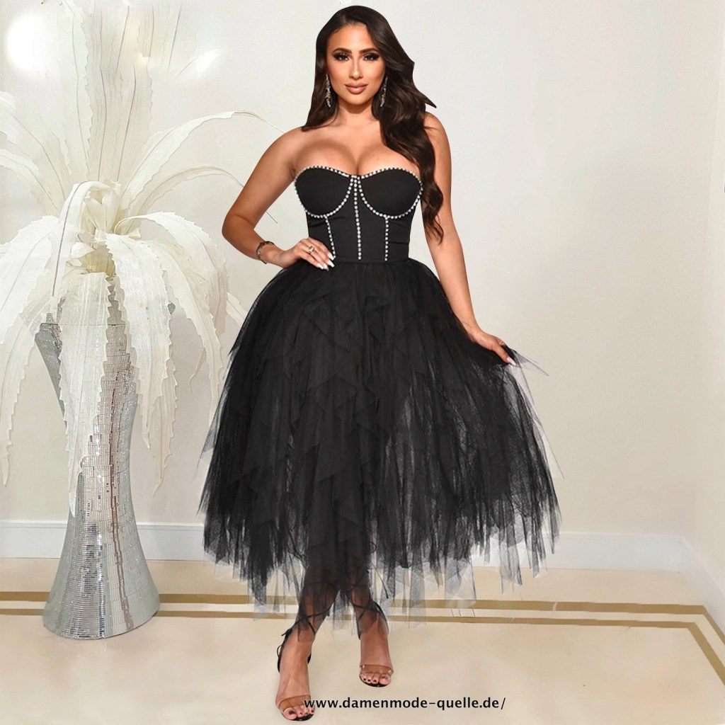 Damen Sexy Party Maxikleider für Strass Rüschen Langes Kleid&nbsp;Schwarz