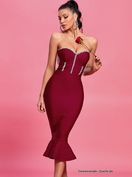 Rotes Damen Midi Partykleid Bodycon Elegant Sexy Kristall Verziert Meerjungfrau