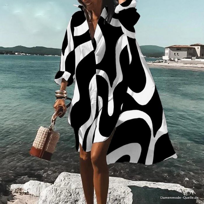 Sommer Mode Damen Shirt Kleid Langarm Strandkleid Schwarz&nbsp;Weiß