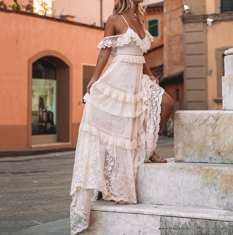 A Linie Boho Spaghettiträger Kleid für die Braut Lang&nbsp;Standesamtmode