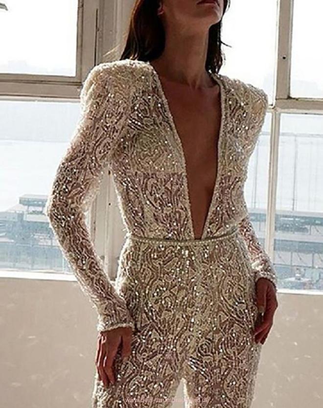 Langarm Glitzer Hochzeits Overall Jumpsuit mit Sexy V&nbsp;Ausschnitt