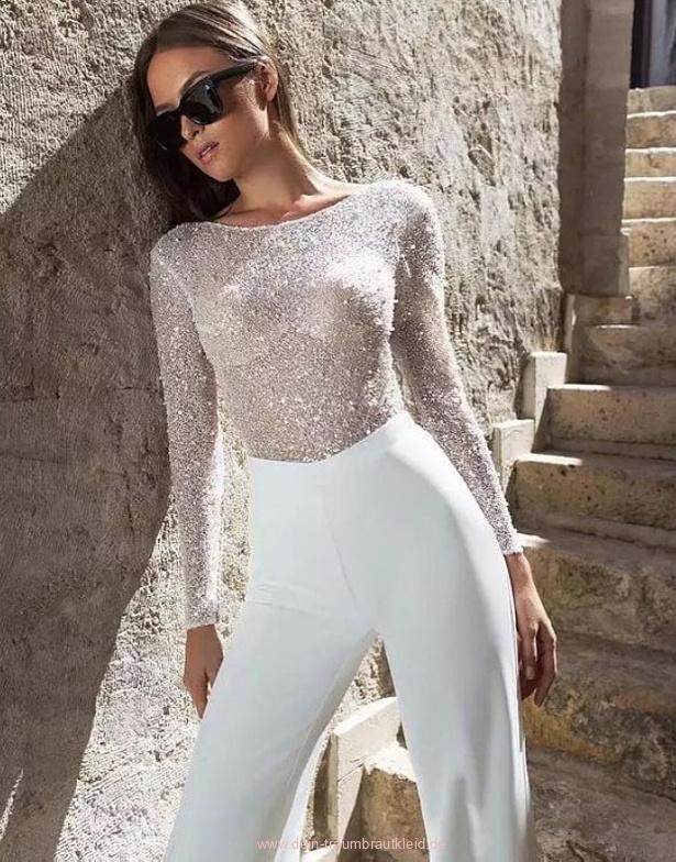 A-Linie Glitzer Hochzeit Overall Einteiler für die Braut mit Rückenausschnitt