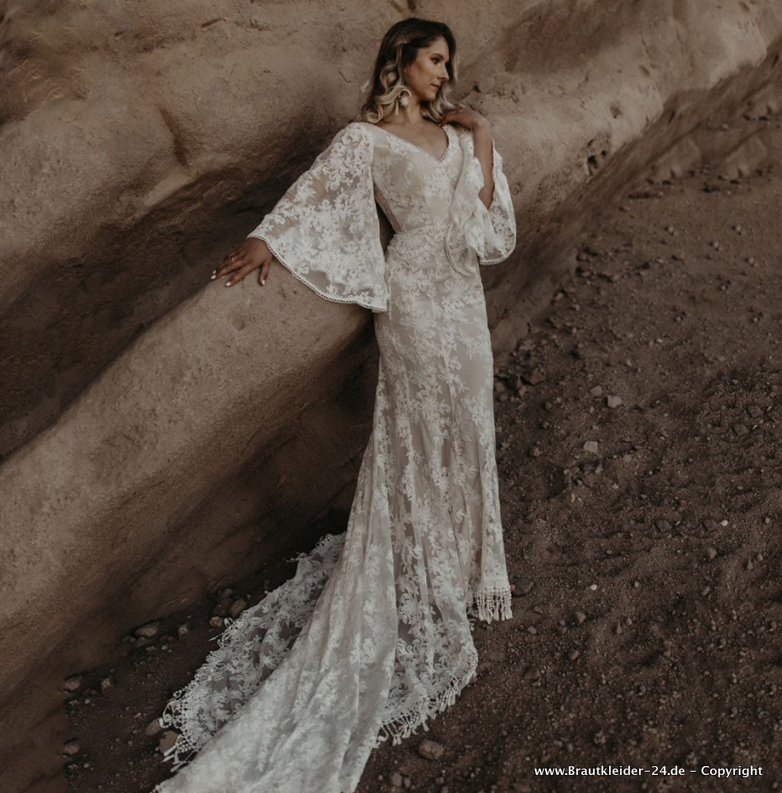 Boho Style Meerjungfrau Brautkleid Philine mit Fledermaus Ärmel und&nbsp;Schleppe