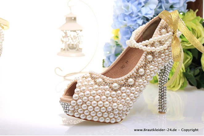 Peep Toe Brautschuhe Abendschuhe mit Perlen Applikationen&nbsp;Champagne