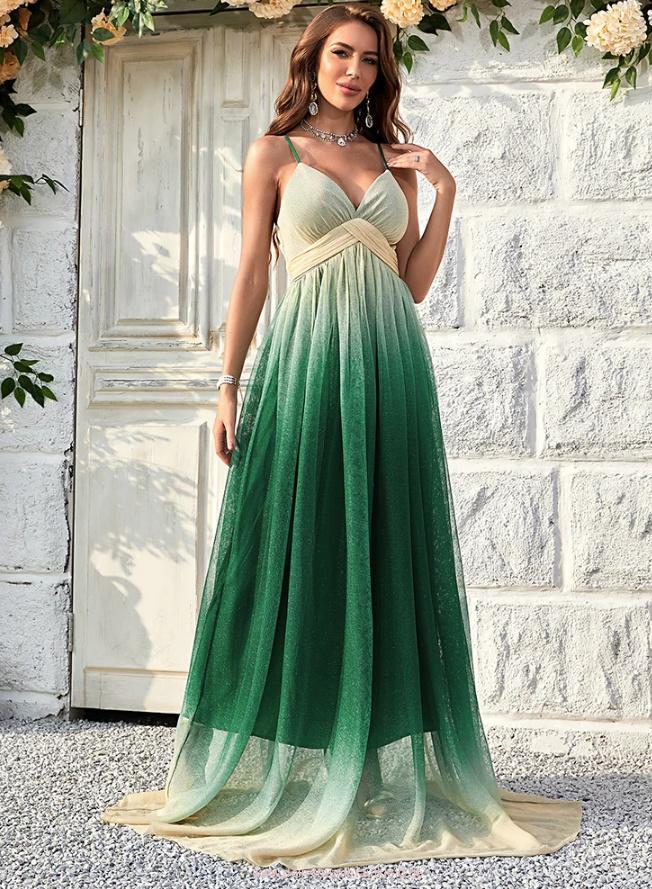 Spaghettiträger Empire Maxi Kleid Elegant für Hochzeitsgäste Madlen in Grün&nbsp;Gradiert