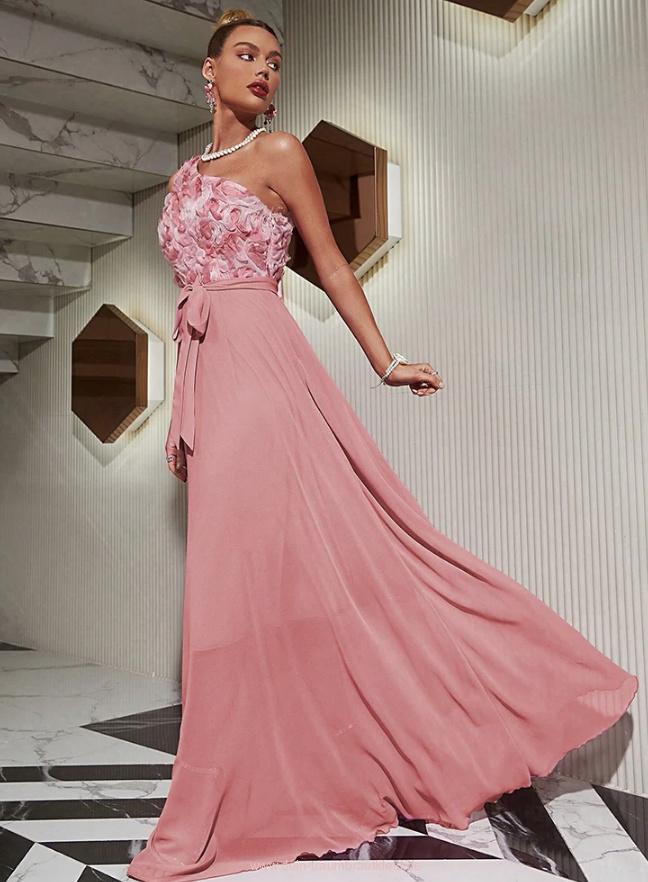 One Shoulder Chiffon Kleid Elegant für Hochzeitsgäste Margarete mit Blumen&nbsp;Lang