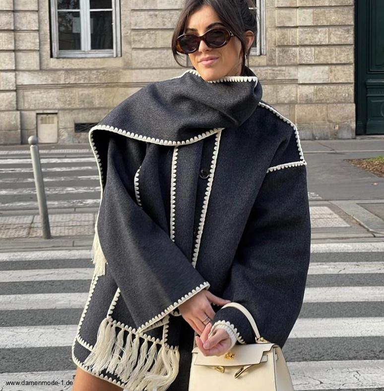 Elegante Herbst Winter Damen Jacke in Schwarz mit&nbsp;Schal