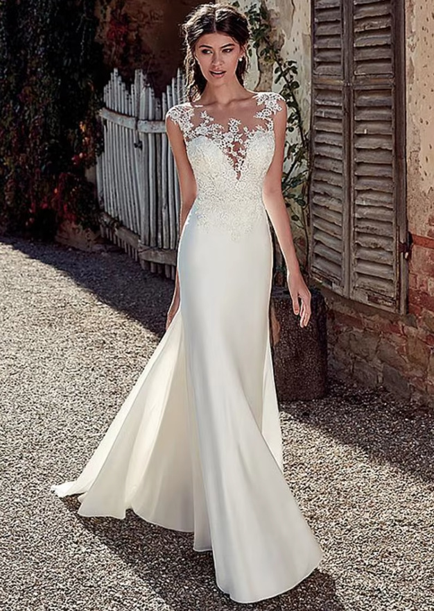 Ärmelloses Fit and Flare Brautkleid Corinna mit Pinselschleppe und Illusion&nbsp;Ausschnitt