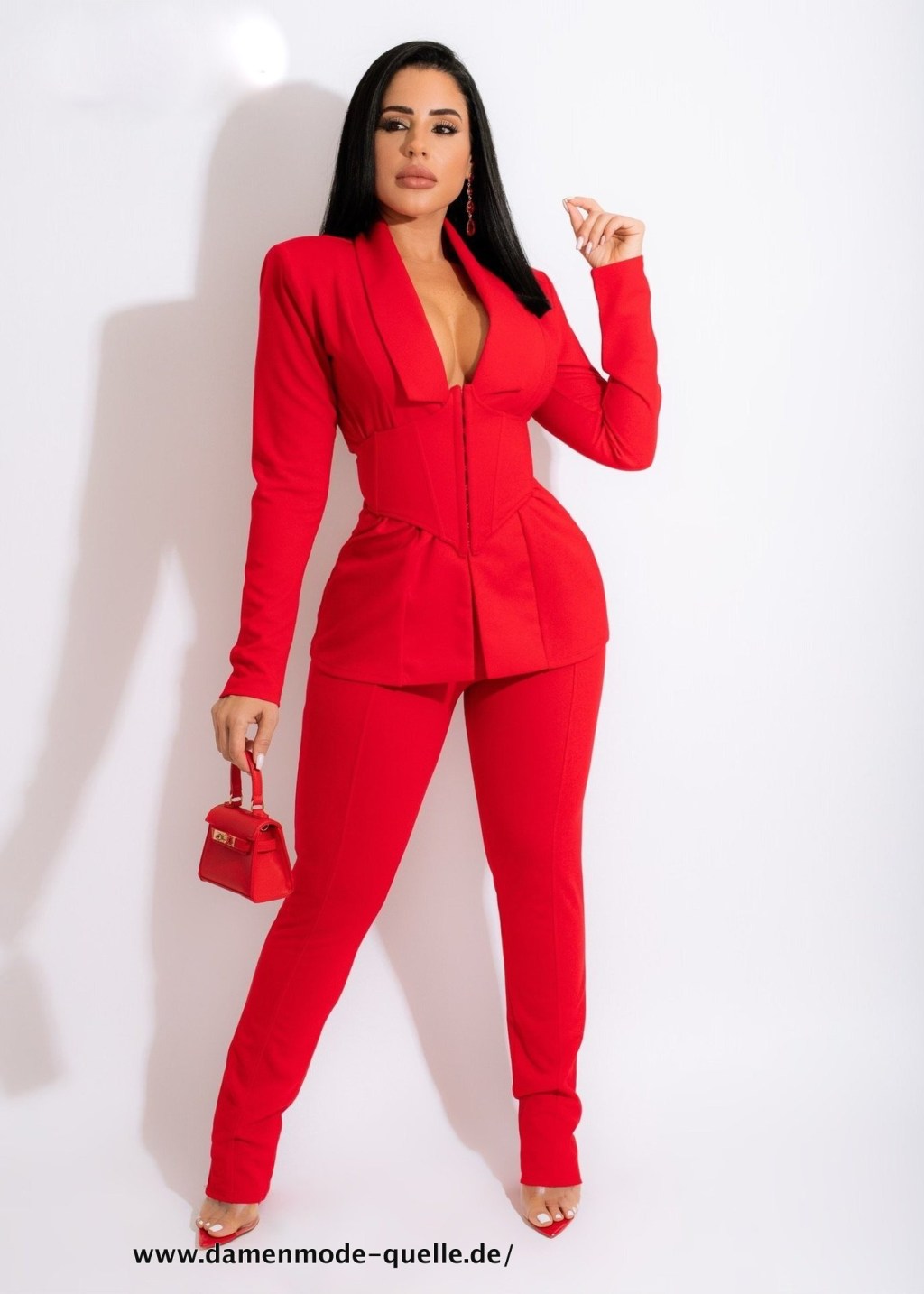 Damen Buisness Blazer mit Gürtel und Hosen Anzug Büro Set&nbsp;Rot