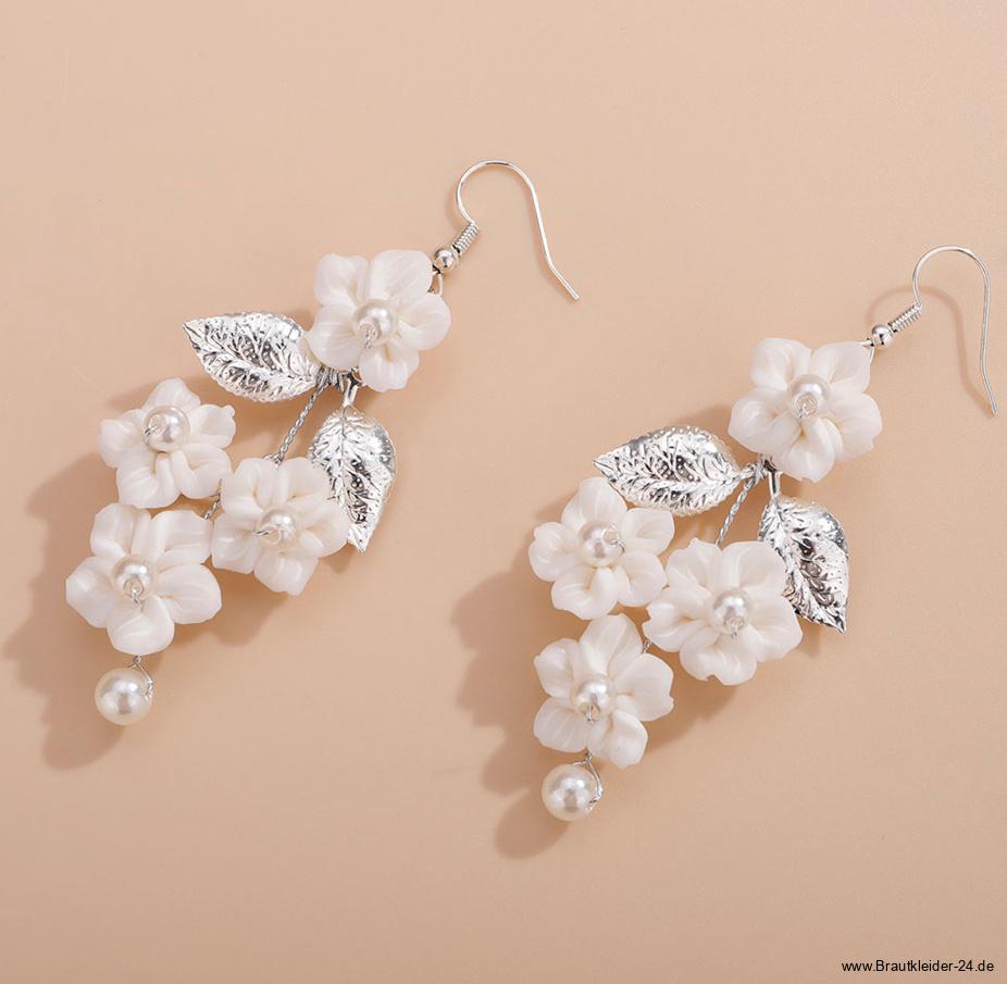 Brautschmuck Set Hanka Halskette mit Ohrringe Silber mit Porzellan&nbsp;Blumen