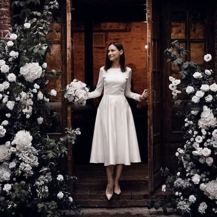 Wadenlanges Langarm Clean Chic Brautkleid&nbsp;Frida