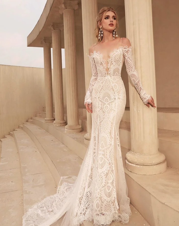 Sexy Meerjungfrau Brautkleid Anela aus Spitze mit Perlen Kette und&nbsp;Schleppe