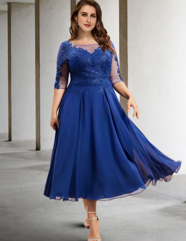 A Linie Chiffon Kleid Camellia Elegant für Hochzeitsgäste in Dunkelblau Wadenlang