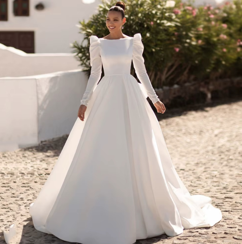 A Linie Langarm Brautkleid Cecilia Rückenfrei mit&nbsp;Schleppe