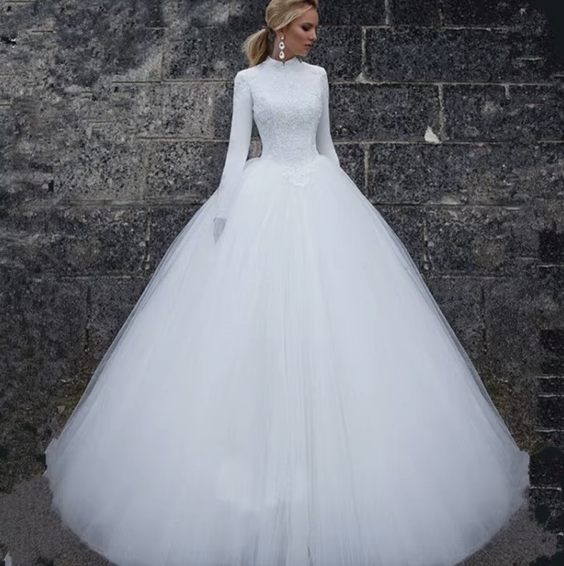 A Linie Langarm Brautkleid Christina Hochgeschlossen mit Spitze und&nbsp;Tüll