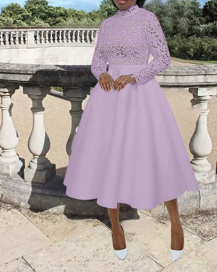 A Linie Langarm Kleid 2025 Elegant mit Spitze in Lila&nbsp;Wadenlang