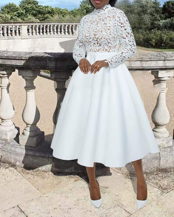 A Linie Langarm Kleid 2025 Elegant mit Spitze in Weiß&nbsp;Wadenlang