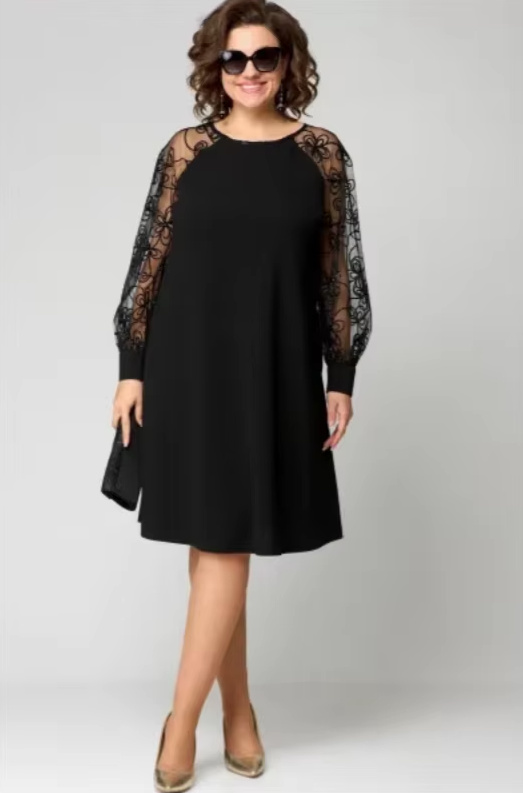 A Linie Langarm Sommerkleid 2025 Elegant in Schwarz mit Ärmeln aus&nbsp;Spitze