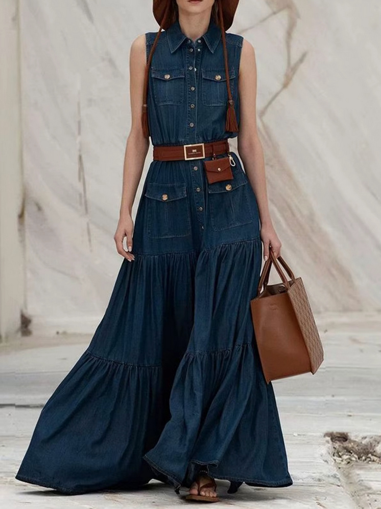 A Linie maxi Jeans Sommerrkleid 2025 Lang in Dunkelblau&nbsp;Ärmellos