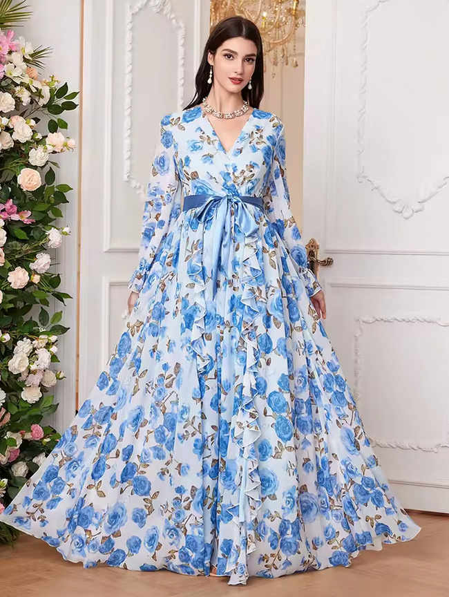 A Linie Maxi Langarm Chiffon Sommerkleid 2025 Devi mit&nbsp;Blumenmuster