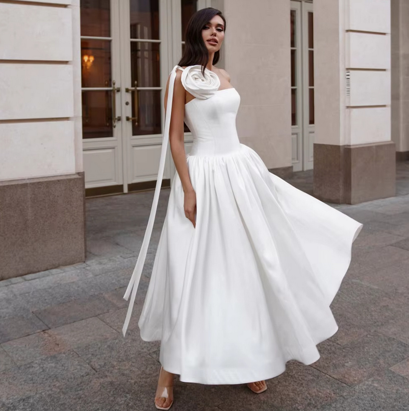 A Linie One Shoulder Träger Brautkleid Cettina Knöchellang mit Große&nbsp;Blume