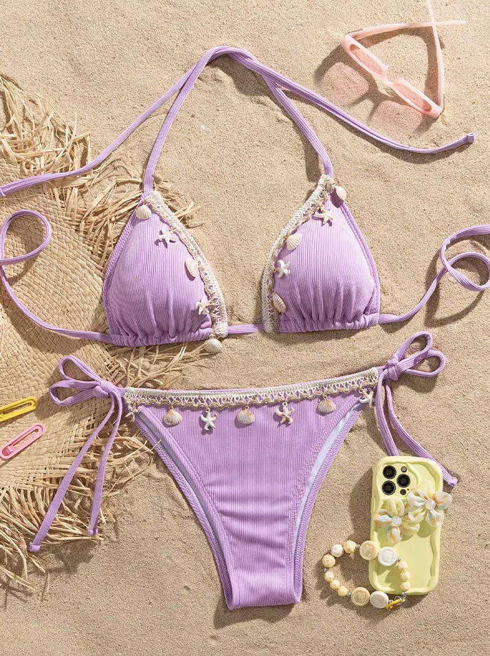 Brasilianischer Halterneck Bikini Wiebke in Lila mit Seesterne und&nbsp;Muscheln