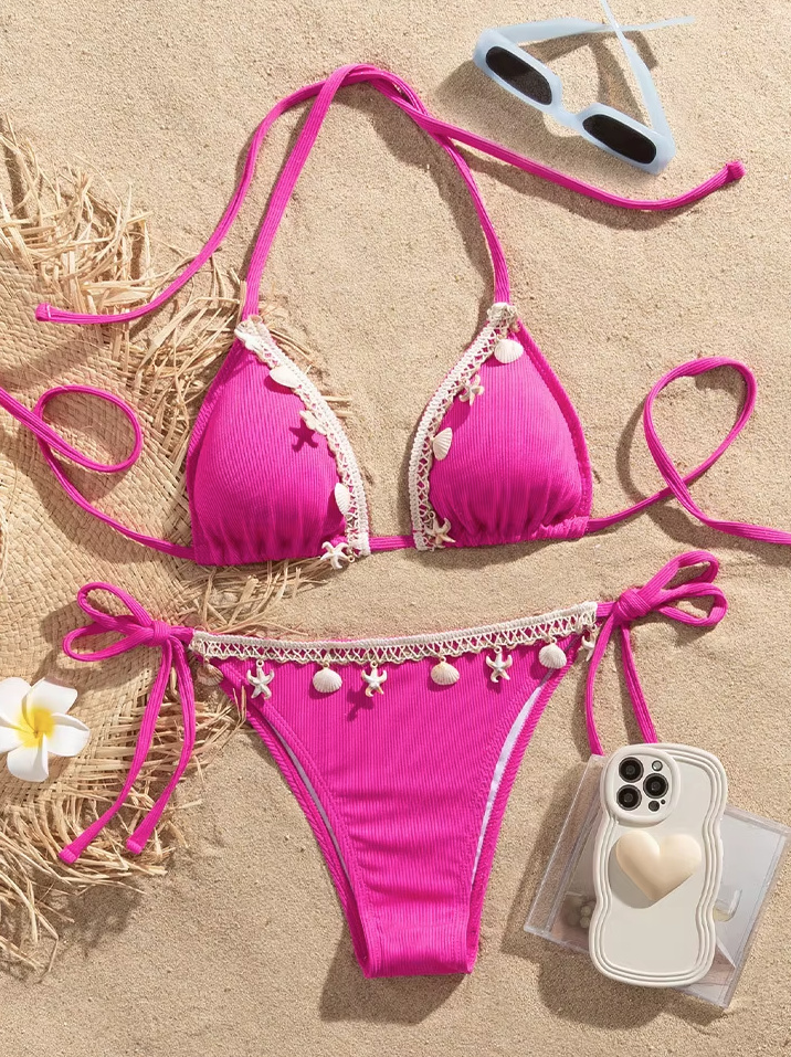 Brasilianischer Halterneck Bikini Wiebke in Pink mit Seesterne und&nbsp;Muscheln
