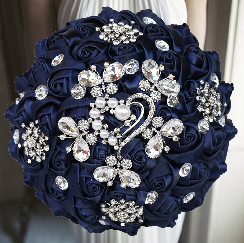 Diamant Kristall Hochzeit Bouquet Brautstrauß in Dunkelblau&nbsp;Rund