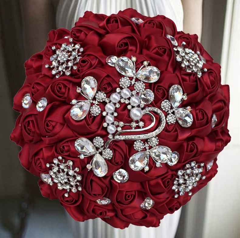 Diamant Kristall Hochzeit Bouquet Brautstrauß in Dunkelrot&nbsp;Rund