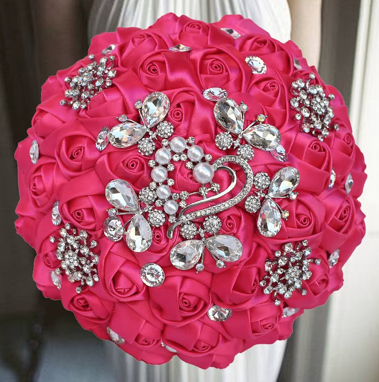 Diamant Kristall Hochzeit Bouquet Brautstrauß in Pink&nbsp;Rund