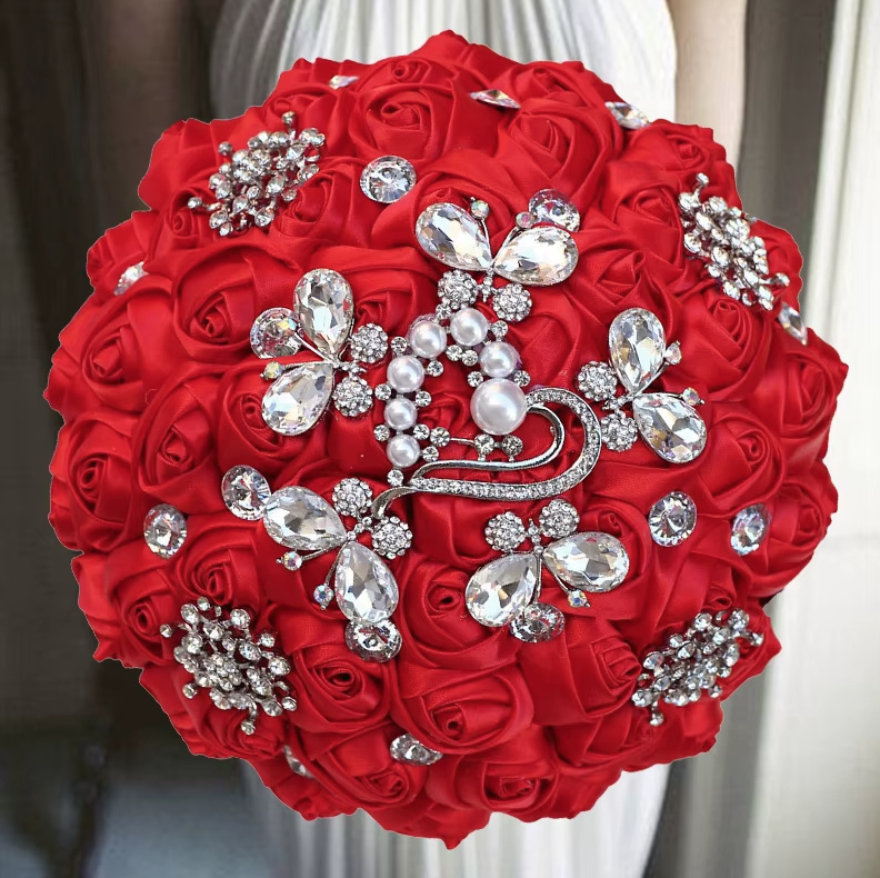 Diamant Kristall Hochzeit Bouquet Brautstrauß in Rot&nbsp;Rund