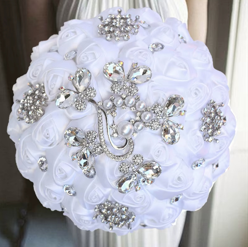 Diamant Kristall Hochzeit Bouquet Brautstrauß in Weiß&nbsp;Rund