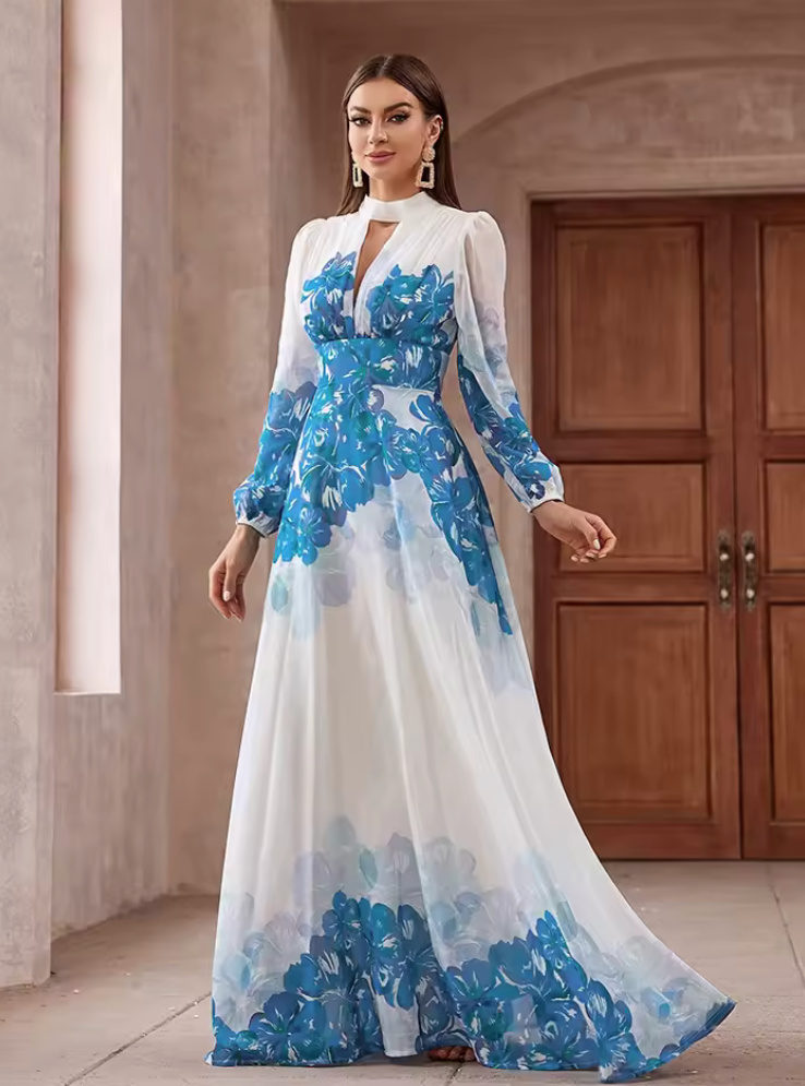 Elegantes Chiffon Maxi Kleid 2025 Davide Weiß mit Blumenmuster