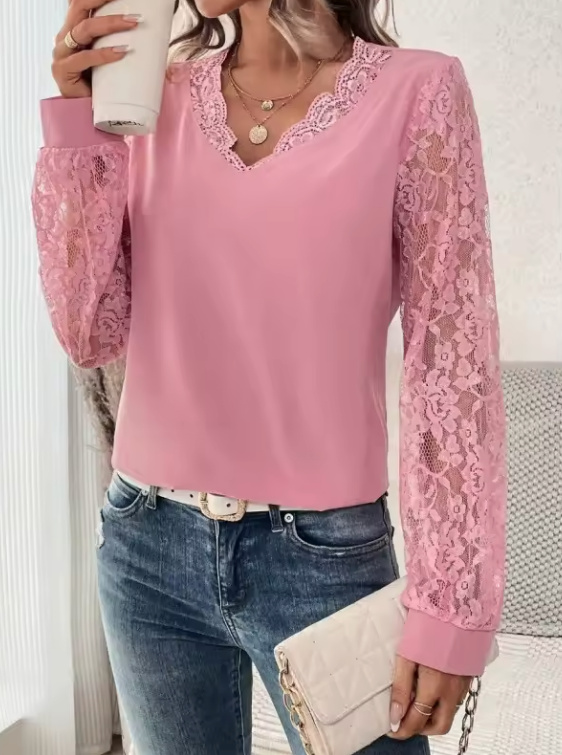 Elegantes Damen Bluse 2025 mit Ärmeln aus Spitze Rosa
