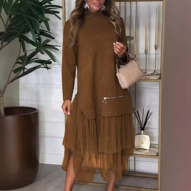 Elegantes Langarm Patchwork Kleid 2025 in&nbsp;Braun