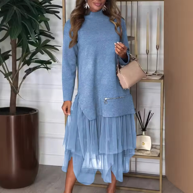 Elegantes Langarm Patchwork Kleid 2025 in&nbsp;Hellblau