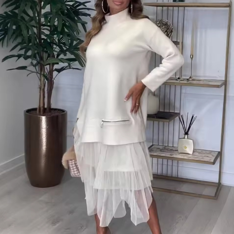 Elegantes Langarm Patchwork Kleid 2025 in&nbsp;Weiß