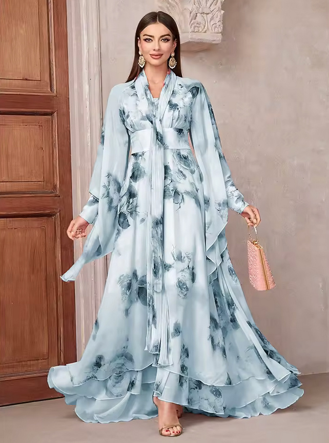 Elegantes Langarm Sommer Chiffon Kleid 2025 Hellblau mit Blumenmuster