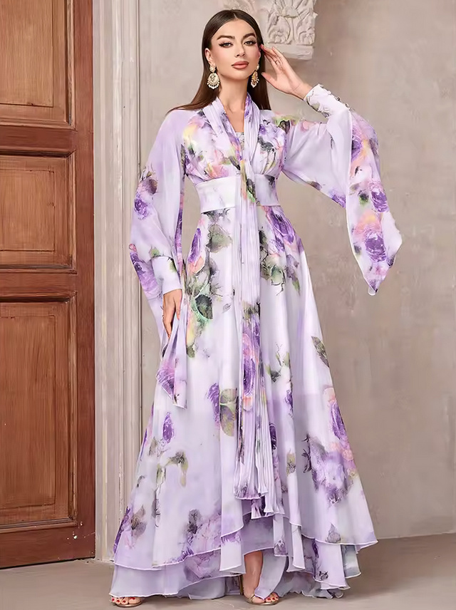 Elegantes Langarm Sommer Chiffon Kleid 2025 Lila mit&nbsp;Blumenmuster