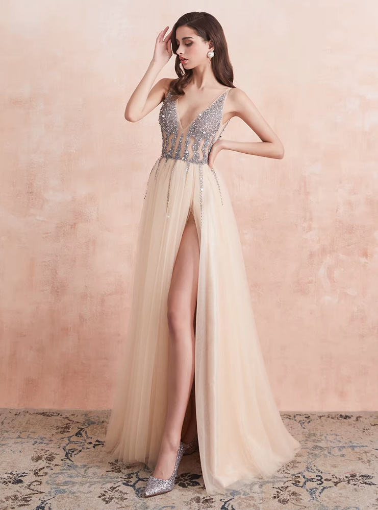 Empire Glitzer Standesamtkleid Florisa mit Sexy Schlitz in&nbsp;Champagne