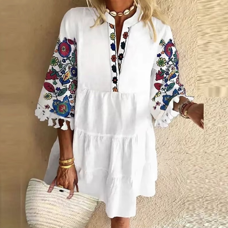 Kurzes Boho Style Sommerkleid 2025 Delphine mit Stickereien&nbsp;Weiß