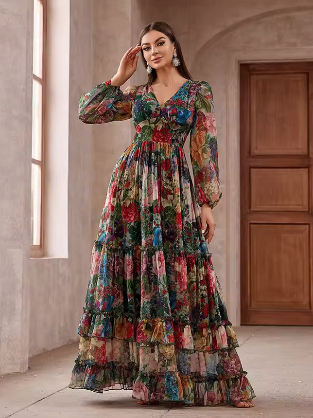 Langarm Chiffon Kleid Cynthia Elegant für Hochzeitsgäste Bunt mit&nbsp;Blumenmuster